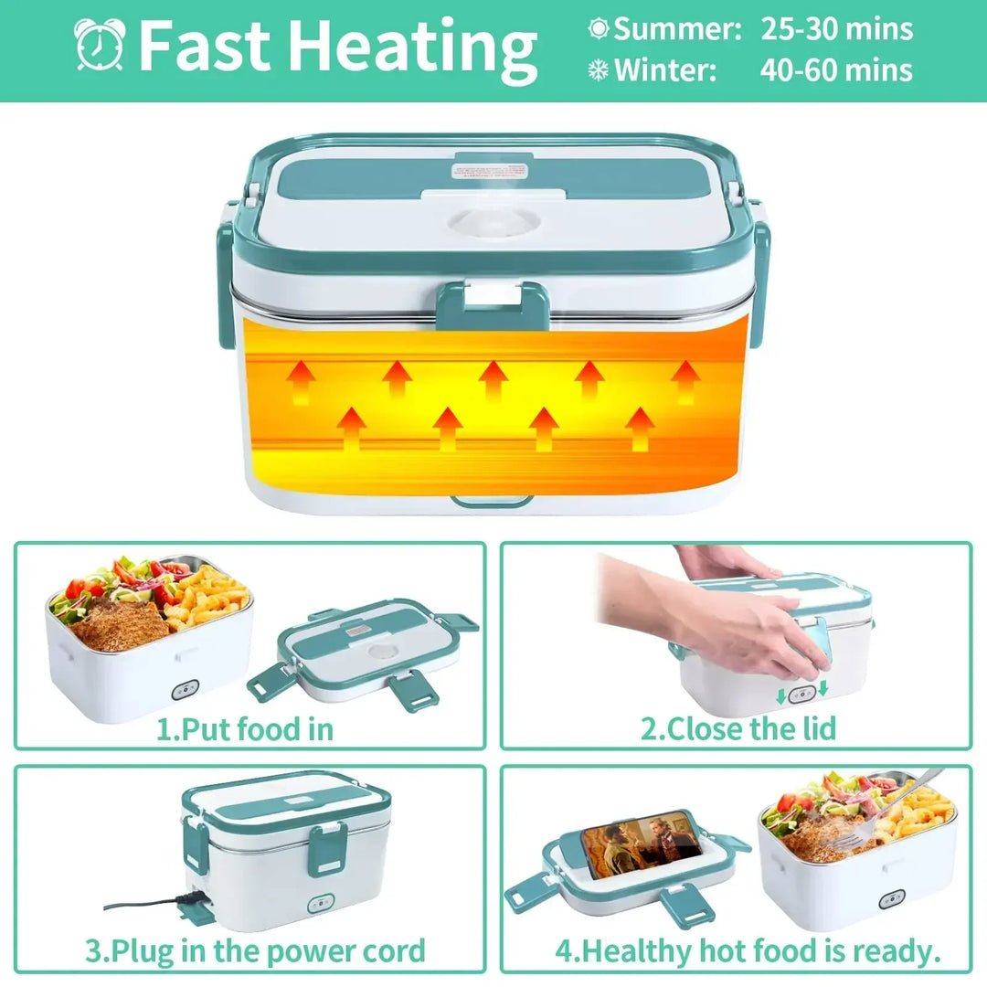 1.8L Electric Lunch Box 60W Food Heated 12V/24V/110V Food Warmer for Car/Truck/Home 304 Stainless Steel, Durable and Leakproof